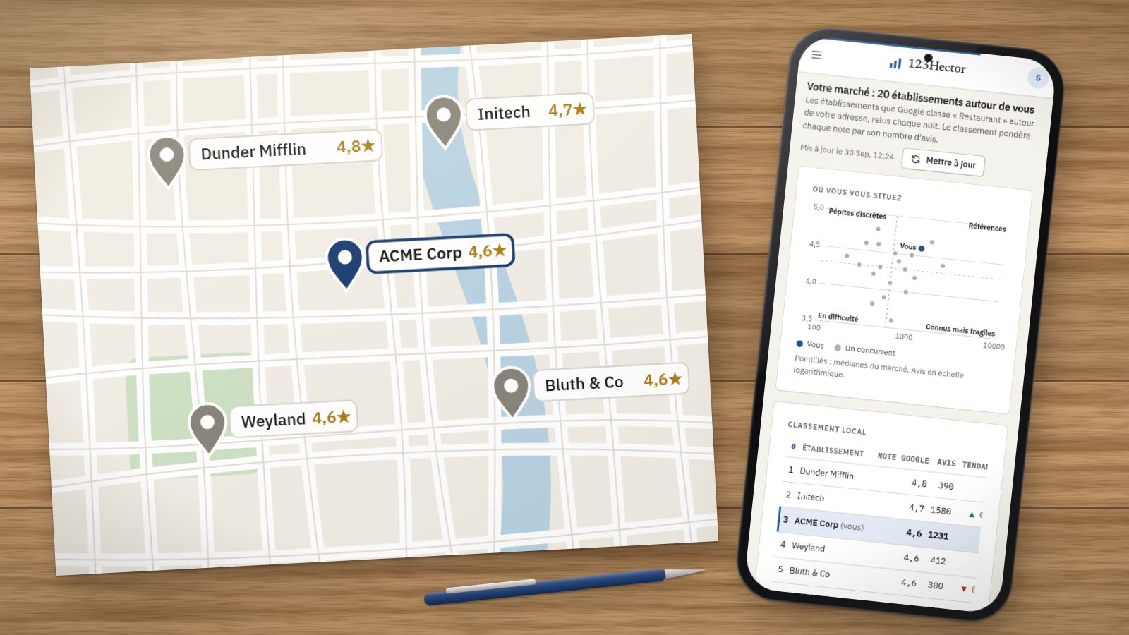 Un plan de quartier imprimé où chaque établissement est épinglé avec sa note Google, à côté d’un téléphone qui affiche le classement local.