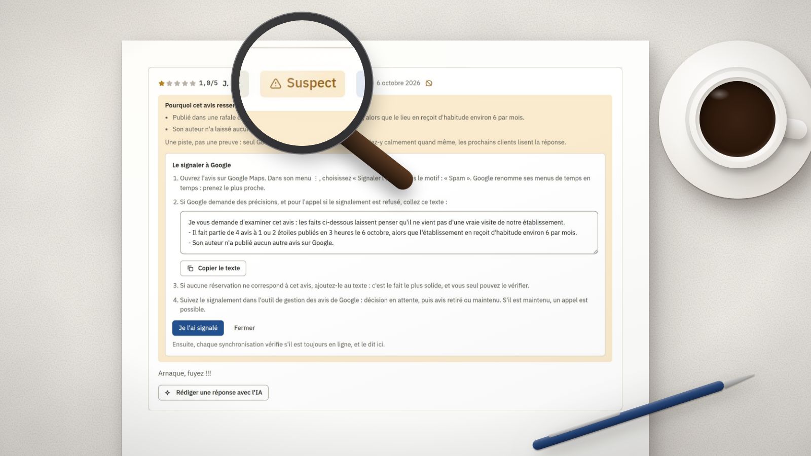 A magnifying glass on a printed page enlarges the "Suspect" label of a 1-star review, with the guide to report it to Google.