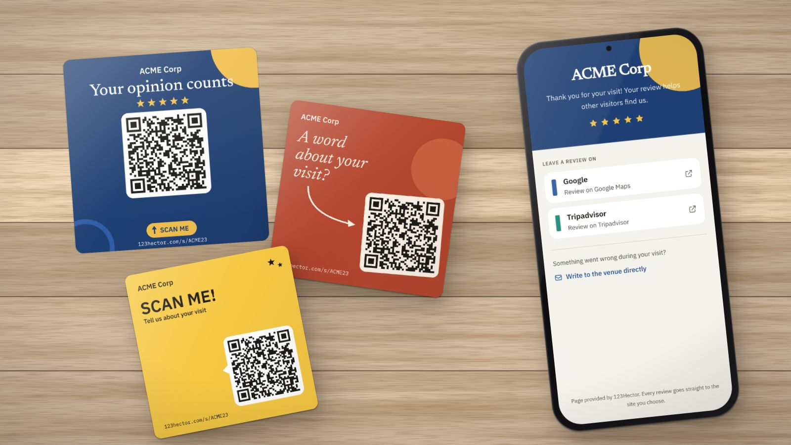 Three review QR code stickers on a wooden table, beside a phone showing the page where to leave a review on Google or Tripadvisor.