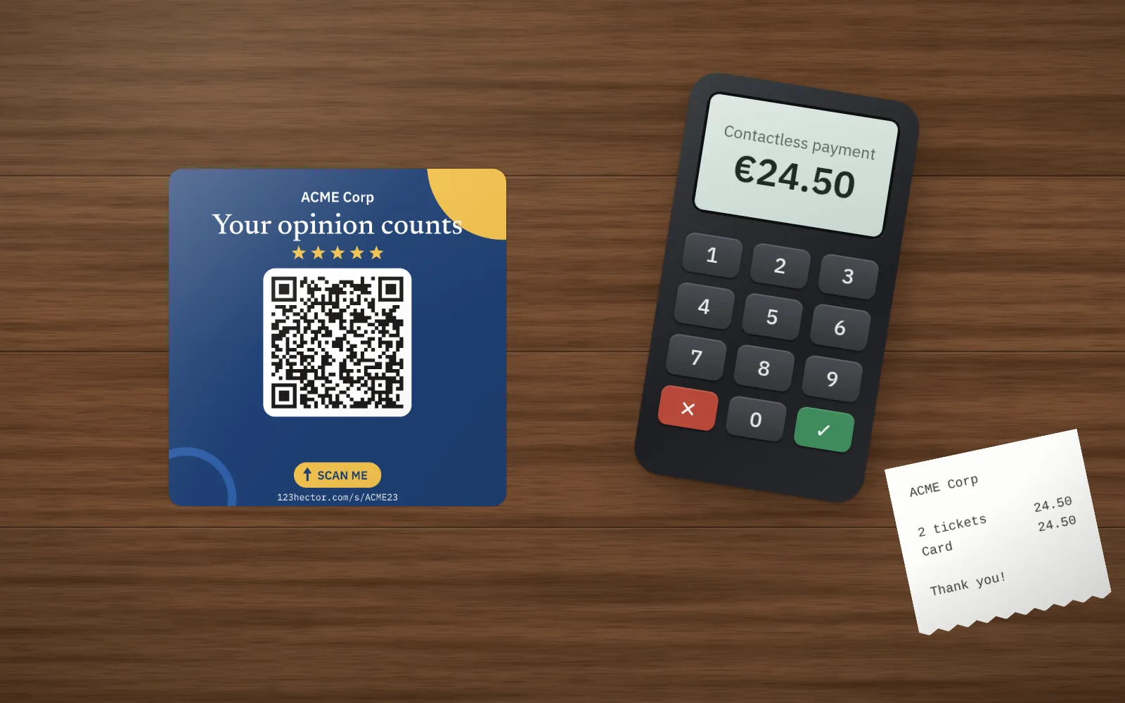 A QR code sticker stuck on the wooden counter, beside a card terminal and a till receipt.