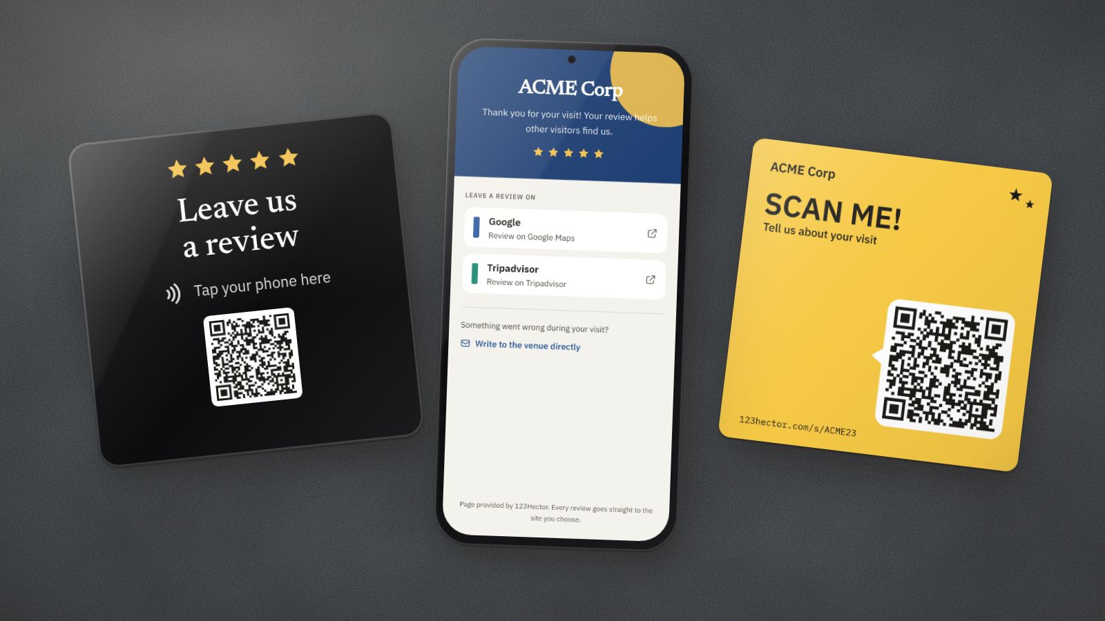 A black NFC plaque saying "Leave us a review", a phone showing ACME Corp’s review page and a yellow QR code sticker, on a grey surface.