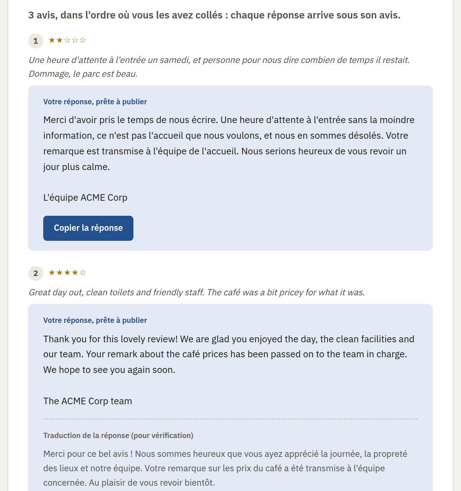 The reply generator with three reviews of ACME Corp, a fictitious venue, each with its reply written