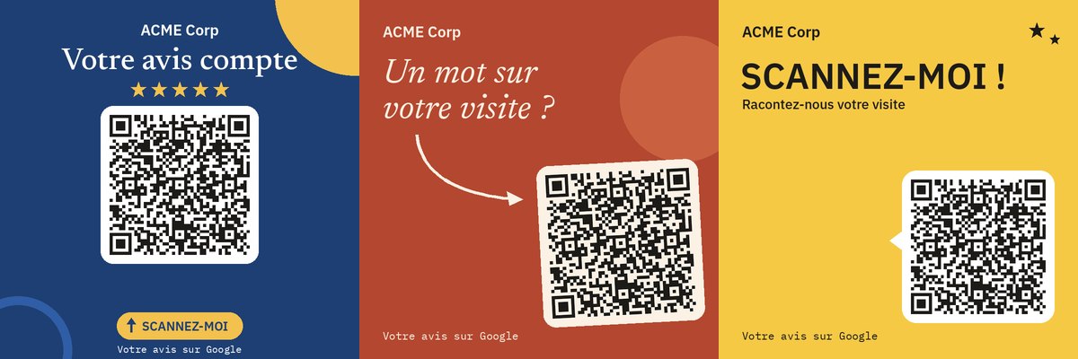 The three Google review stickers of ACME Corp, a fictitious venue